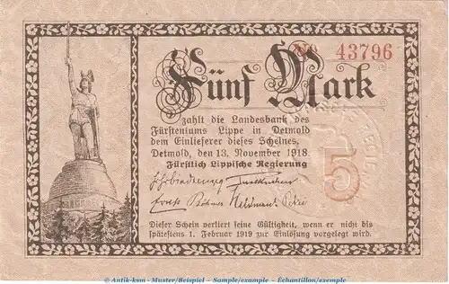 Notgeld Detmold Lippe , 5 Mark Schein in kfr. Geiger 324.02 von 1918 , Westfalen Grossnotgeld