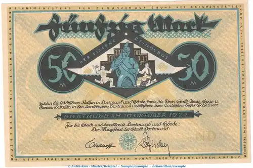Notgeld Dortmund , 50 Mark Schein in kfr. -eiserne- Müller 1065.14 , 10.10.1922 , Westfalen Großnotgeld