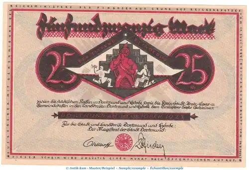 Notgeld Dortmund , 25 Mark Schein in kfr. -rot- Müller 1065.10 , 10.10.1922 , Westfalen Großnotgeld