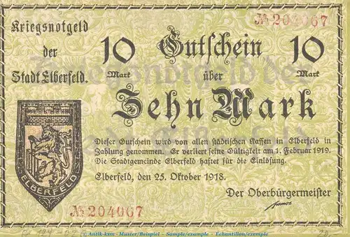 Notgeld Stadt Elberfeld , 10 Mark Schein -4mm- in kfr. Geiger 124.02.c von 1918 , Rheinland Grossnotgeld