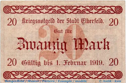 Banknote Elberfeld , 20 Mark Schein in kfr. Geiger 124.07 , 25.10.1918 , Rheinland Großnotgeld