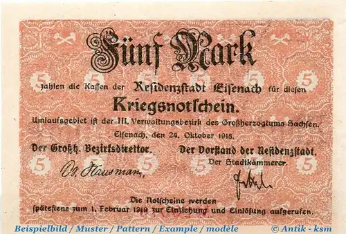 Eisenach , Notgeld 5 Mark Schein in kfr. Geiger 121.01 , Thüringen 1918 Grossnotgeld