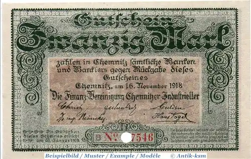 Banknote Finanzvereinigung Chemnitz , 20 Mark Schein in kfr.E , Geiger 079.04 , von 1918 , Sachsen Großnotgeld