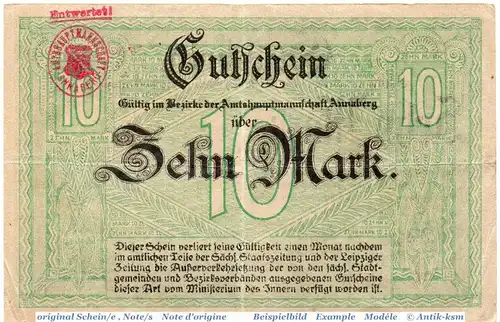 Banknote Annaberg , 10 Mark Schein in gbr. E , Geiger 017.04 von 1918 , Sachsen Großnotgeld