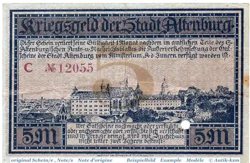 Banknote Altenburg , 5 Mark Schein in gbr. E , Geiger 011.01-02 , 15.11.1918 , Sachsen Großnotgeld