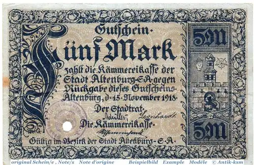 Banknote Altenburg , 5 Mark Schein in gbr. E , Geiger 011.01-02 , 15.11.1918 , Sachsen Großnotgeld
