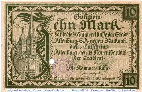Banknote Altenburg , 10 Mark Schein in gbr. E , Geiger 011.03 , 15.11.1918 , Sachsen Großnotgeld