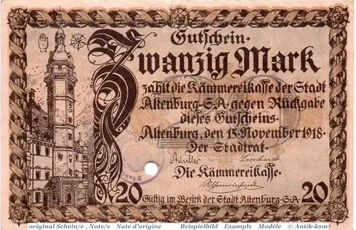 Altenburg , Banknote 20 Mark Schein in gbr.E , Geiger 011.04-05 , Thüringen 1918