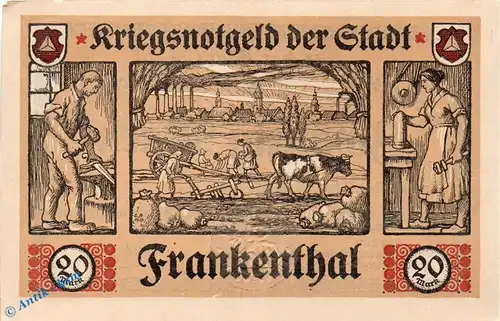 Notgeld Frankenthal , 20 Mark Schein in kfr. Geiger 149.03 , 10.10.1918 , Pfalz Großnotgeld