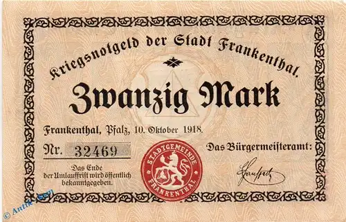 Notgeld Frankenthal , 20 Mark Schein in kfr. Geiger 149.03 , 10.10.1918 , Pfalz Großnotgeld