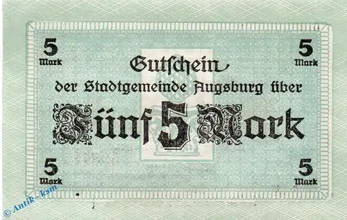 Notgeld Stadt Augsburg , 5 Mark Schein in kfr. Geiger 025.05 von 1918 , Bayern Großnotgeld 