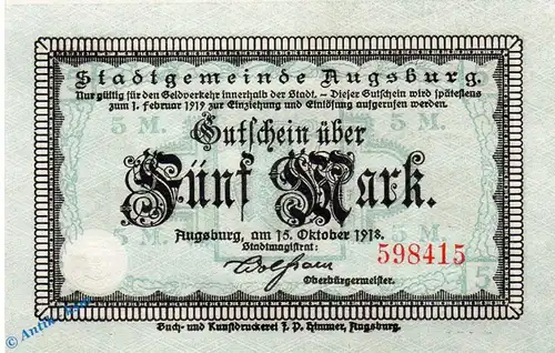 Notgeld Stadt Augsburg , 5 Mark Schein in kfr. Geiger 025.05 von 1918 , Bayern Großnotgeld 