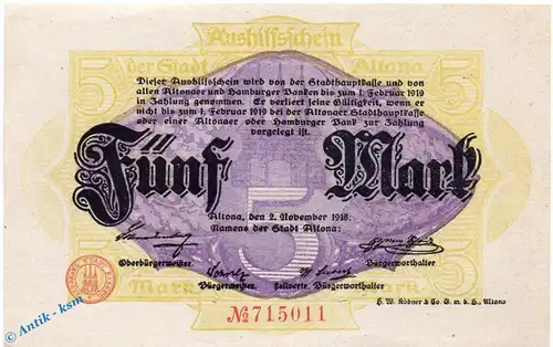 Banknote Altona , 5 Mark Schein in kfr. Geiger 012.01.a , 02.11.1918 , Schleswig Holstein Großnotgeld
