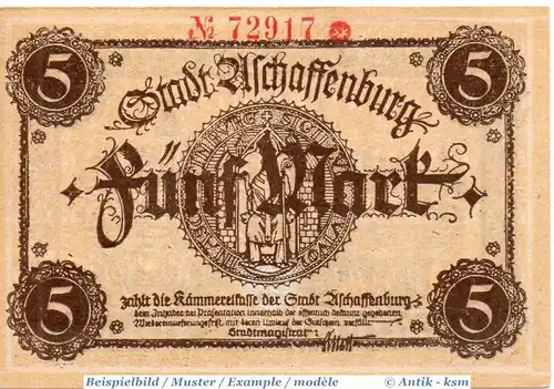 Banknote Aschaffenburg , 5 Mark Schein in kfr. Geiger 022.01 , o.D. Bayern Großnotgeld