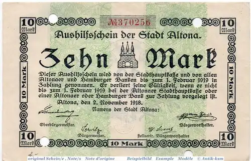 Banknote Altona , 10 Mark Schein in kfr.E , Geiger 012.05 , 02.11.1918 , Schleswig Holstein Großnotgeld