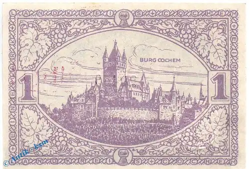 Banknote Cochem , 1 Mark Schein in kfr. E , Geiger 083.01 , 19.11.1918 , Rheinland Großnotgeld 