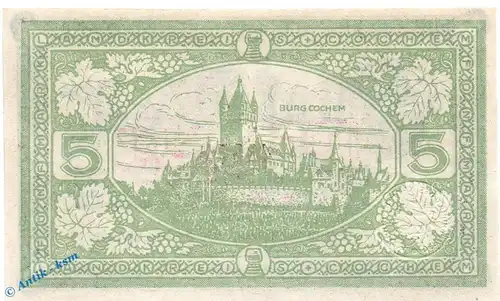 Banknote Cochem , 5 Mark Schein in kfr. E , Geiger 083.02 , 19.11.1918 , Rheinland Großnotgeld