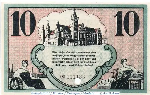 Banknote Chemnitz , Industrie , 10 Mark Schein in kfr. E , Geiger 079.06.b , 18.11.1918 , Sachsen Großnotgeld