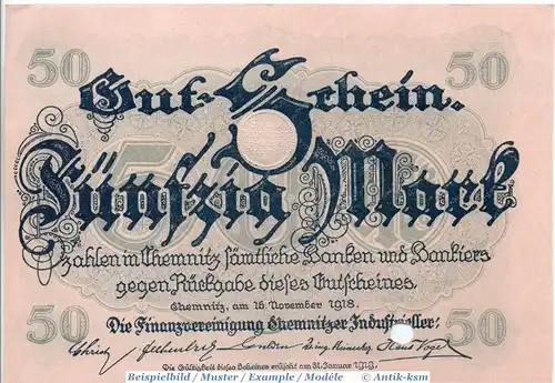 Banknote Chemnitz , Industrie , 50 Mark Schein in kfr. E , Geiger 079.05 , 16.11.1918 , Sachsen Großnotgeld
