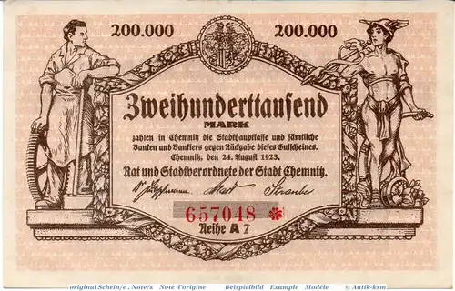 Banknote Chemnitz , 200.000 Mark Schein in l-gbr. Keller 740.f , 24.08.1923 , Sachsen Großnotgeld Inflation