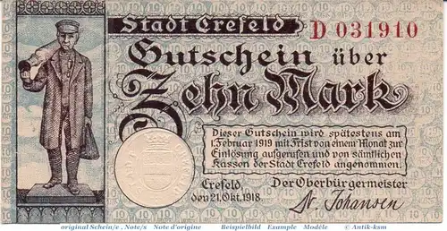 Banknote Stadt Crefeld , 10 Mark Schein in kfr. Geiger 086.09 von 1918 , Rheinland Großnotgeld