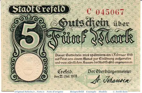 Banknote Crefeld , 5 Mark Schein in kfr. Geiger 086.07.a-b , 27.10.1918 , Rheinland Großnotgeld