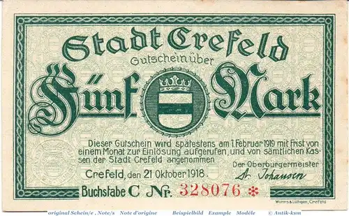 Banknote Crefeld , 5 Mark Schein in kfr. Geiger 086.08.a-b , 21.10.1918 , Rheinland Großnotgeld