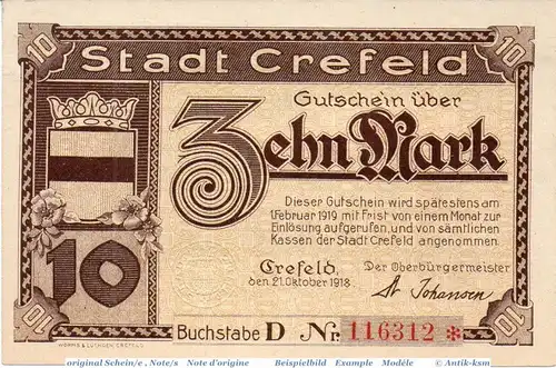 Banknote Crefeld , 10 Mark Schein in kfr. Geiger 086.10 , 21.10.1918 , Rheinland Großnotgeld