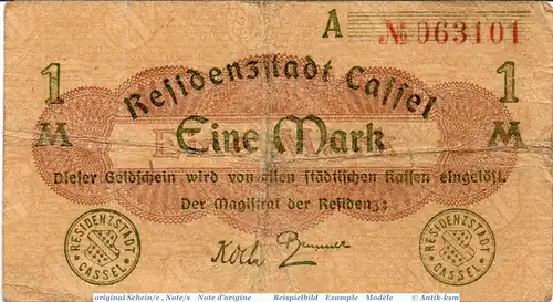 Banknote Cassel , 1 Mark Schein in gbr. Geiger 076.01.g , o.D. Hessen Großnotgeld