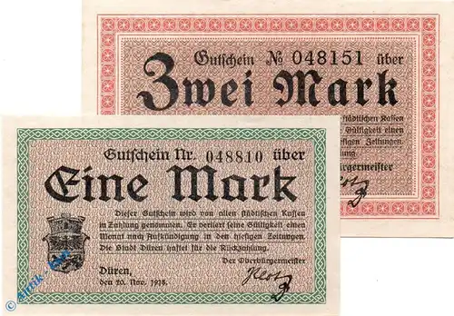 Notgeld Düren , Set mit 2 Scheinen , Geiger 113.15 und 16 , von 1918 , Rheinland Großnotgeld