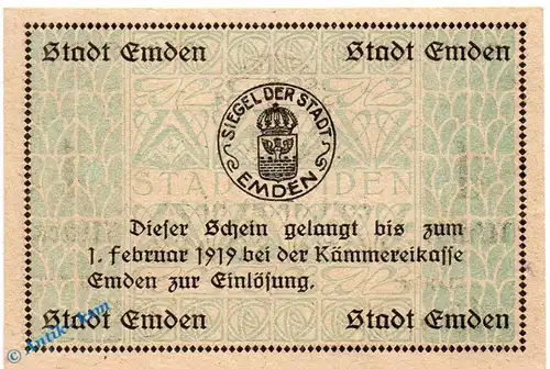 Banknote Emden , 1 Mark Schein in kfr. Geiger 131.01.b , o.D. - 1919 , Niedersachsen Großnotgeld