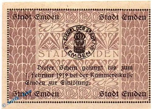 Banknote Stadt Emden , 5 Mark Schein in kfr. Geiger 131.02-04 , o.D. - 1919 , Niedersachsen Großnotgeld