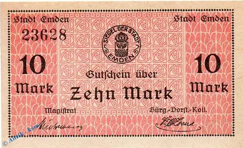 Banknote Emden , 10 Mark Schein in kfr. Geiger 131.05 , o.D. - 1919 , Niedersachsen Großnotgeld