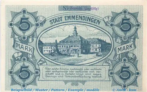 Banknote Emmendingen , 5 Mark Schein in kfr. E , Geiger 133.02.b , 30.10.1918 , Baden Großnotgeld