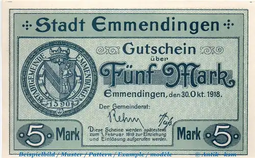 Banknote Emmendingen , 5 Mark Schein in kfr. E , Geiger 133.02.b , 30.10.1918 , Baden Großnotgeld