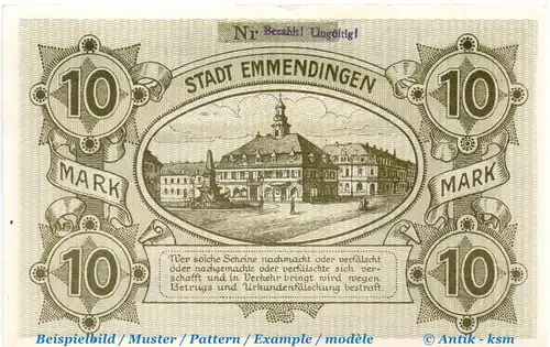 Banknote Emmendingen , 10 Mark Schein in kfr. E , Geiger 133.04.b , 30.10.1918 , Baden Großnotgeld