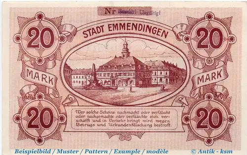 Banknote Emmendingen , 20 Mark Schein in kfr. E , Geiger 133.06.b , 30.10.1918 , Baden Großnotgeld
