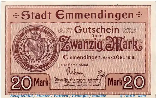 Banknote Emmendingen , 20 Mark Schein in kfr. E , Geiger 133.06.b , 30.10.1918 , Baden Großnotgeld