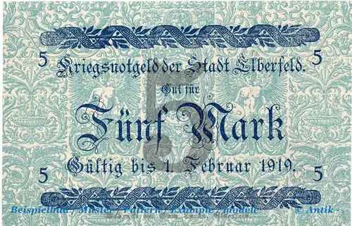 Banknote Elberfeld , 5 Mark Schein in kfr. Geiger 124.01 , Kn 4mm , 25.10.1918 , Rheinland Großnotgeld