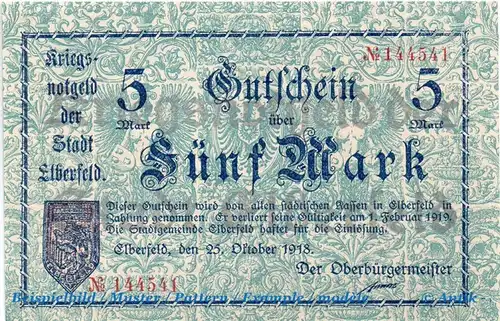 Banknote Elberfeld , 5 Mark Schein in kfr. Geiger 124.01 , Kn 4mm , 25.10.1918 , Rheinland Großnotgeld