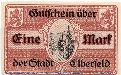 Banknote Elberfeld , 1 Mark Schein in kfr. Geiger 124.09 , 15.11.1918 , Rheinland Großnotgeld