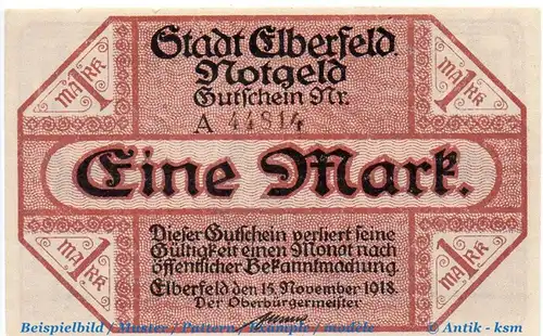 Banknote Elberfeld , 1 Mark Schein in kfr. Geiger 124.09 , 15.11.1918 , Rheinland Großnotgeld