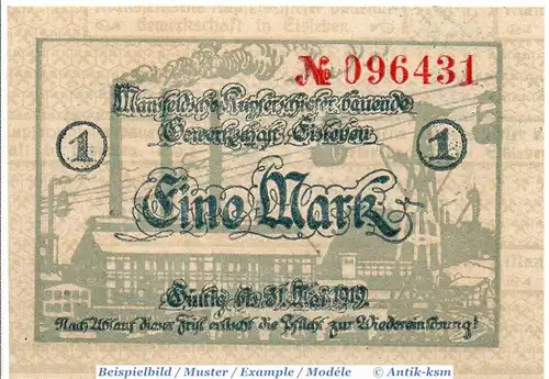 Banknote Eisleben , Mansfeld a.G. 1 Mark Schein in kfr. E , Geiger 148.10 , o.D. Provinz Sachsen Großnotgeld