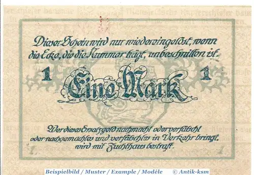 Banknote Eisleben , Mansfeld a.G. 1 Mark Schein in kfr. Geiger 148.10 , o.D. Provinz Sachsen Großnotgeld