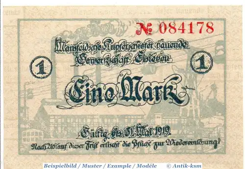 Banknote Eisleben , Mansfeld a.G. 1 Mark Schein in kfr. Geiger 148.10 , o.D. Provinz Sachsen Großnotgeld