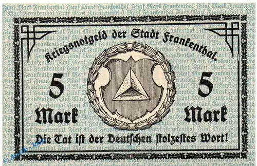 Notgeld Frankenthal , 5 Mark Schein in kfr. Geiger 149.01 , 10.10.1918 , Pfalz Großnotgeld