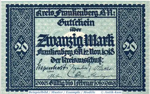 Banknote Frankenberg , 20 Mark Schein in kfr. E , Geiger 148.01 , 12.11.1918 , Hessen Nassau Großnotgeld