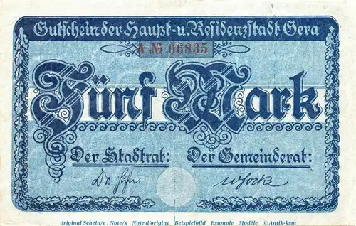Notgeld Stadt Gera , 5 Mark Schein in gbr. Geiger 172.01 , o.D. Thüringen Großnotgeld