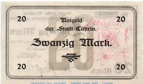 Banknote Stadt Cüstrin , 20 Mark Schein in f-kfr. Geiger 087.05 , 24.11.1918 , Brandenburg Großnotgeld