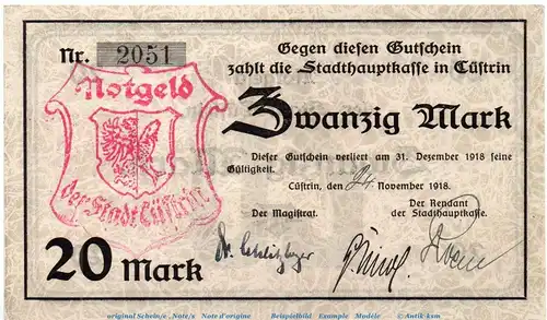 Banknote Stadt Cüstrin , 20 Mark Schein in f-kfr. Geiger 087.05 , 24.11.1918 , Brandenburg Großnotgeld